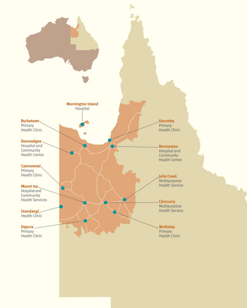 A map of Queensland highlighting the North West region and the health services located within it.